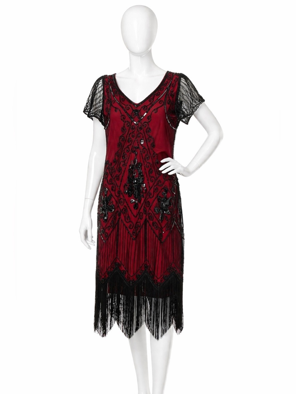 Chic Red and Black Beaded Midi Dress